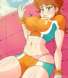 1girls 2022 belly_button big_breasts big_thighs blue_eyes blush breasts busty gloves huge_thighs jiroel large_breasts legs long_hair looking_at_viewer mario_(series) mario_strikers muscular nintendo orange_hair panties princess_daisy shiny_ass shiny_breasts shiny_butt shiny_hair shiny_skin smile taking_clothes_off thick_thighs thighs toned