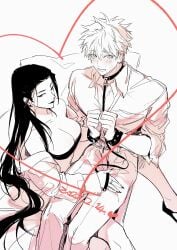 1boy black_bra black_hair blush bondage bound bra breasts chains couple domination female femdom feminine_male genderswap genderswap_(mtf) highres huge_breasts jujutsu_kaisen long_hair looking_at_viewer male male/female male_focus rule_63 satoru_gojo sitting_on_lap submissive_men suguru_geto tagme underwear white_hair