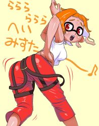 1girls ass ass_shake colored_background digital_drawing_(artwork) digital_media_(artwork) female female_focus female_only hand_on_hip inkling inkling_girl japanese_text looking_at_viewer looking_back nintendo open_mouth orange_hair red_eyes red_pants splatoon splatoon_3 straps tank_top tsuwitchii84 work_uniform