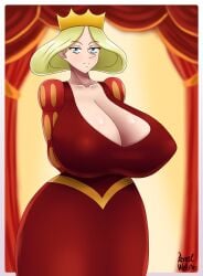 1girls azraelwebster big_breasts blonde_hair blue_eyes breasts cleavage clothing crown dress female female_only hair headwear huge_breasts large_breasts mature mature_female mature_woman milf mother ousama_ranking queen_hilling ranking_of_kings red_dress royalty solo solo_female