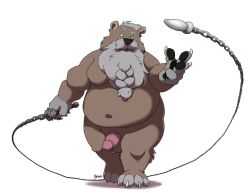 2022 anthro balls beard belly big_belly black_nose bravo brown_body facial_hair genitals humanoid_hands male mammal navel overweight overweight_male penis simple_background solo ursid weapon