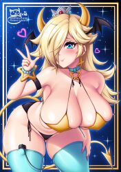 1girls ass blonde_hair blue_eyes blush breasts cleavage female female_only hair_over_one_eye head_wings hips horns huge_breasts large_ass leaning_forward light-skinned_female light_skin long_hair looking_at_viewer mario_(series) nintendo outer_space peace_sign princess_rosalina sevie skindentation slim_waist smile space stars succubus succubus_costume super_mario_galaxy tail thick_thighs thighhighs thighs wide_hips