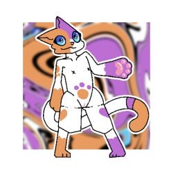 :3 abstract_background blue_sclera cally_(theenyface) capcom dipstick_tail domestic_cat felid feline felis felyne female fur genitals gesture heart heart_(marking) long_tail lynian mammal markings monster_hunter orange_body orange_fur outline palico pawpads pink_pawpads purple_body purple_fur pussy semi-anthro solo standing tail_markings theenyface video_games waving white_body white_fur x_nipples