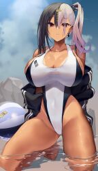 1girls beach beach_ball big_breasts black_swimsuit cleavage daiji_1031 gyaru hair_ornament hips huge_breasts kneeling large_breasts long_hair looking_at_viewer shiny_skin sky swimsuit tanline tanned_female tanned_skin thick_thighs thighs thin_waist towa_(towa_akqj10) two_tone_hair virtual_youtuber voluptuous vtuber water white_swimsuit