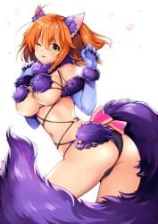 1girls ;p alternate_costume animal_ears ass breasts claw_pose commentary_request cosplay elbow_gloves eyes_visible_through_hair fate/grand_order fate_(series) female female_only fujimaru_ritsuka_(female) fur-trimmed_gloves fur_collar fur_trim gloves hair_ornament hair_scrunchie halloween_costume highres large_breasts looking_at_viewer mash_kyrielight mash_kyrielight_(dangerous_beast) mash_kyrielight_(dangerous_beast)_(cosplay) o-ring o-ring_top official_alternate_costume one_eye_closed orange_hair purple_gloves revealing_clothes ruri_rarako scrunchie short_hair simple_background solo tail tongue tongue_out wolf_ears wolf_tail yellow_eyes