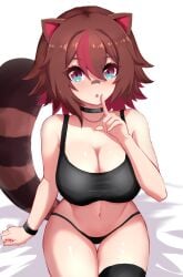 1girls big_breasts brown_eyes brown_hair cleavage female_only latam_virtual_youtuber medium_breasts owozu raccoon_tail racoon_ears racoon_girl rakkun simple_background sitting sitting_on_bed slash-ex thong virtual_youtuber vtuber vtuberfanart youtube_hispanic