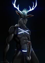 2020 abs absurd_res anthro antlers athletic athletic_anthro athletic_male balls belt big_penis black_background black_body black_clothing blue_antlers blue_hair blue_horn cervid cierras clothing erection genitals glowing glowing_antlers glowing_clothing glowing_eyes glowing_hair grin hair harness hi_res horn humanoid_genitalia looking_at_viewer male mammal navel nipples nude pecs penis short_hair simple_background smile smiling_at_viewer solo standing