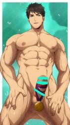 1boy abs absurdres bar_censor bara black_hair censored closed_mouth completely_nude erection free! green_eyes highres kneeling kuroshinki large_pectorals male_focus male_only medal muscular muscular_male navel nipples nude pectorals penis short_hair solo solo_male yamazaki_sousuke