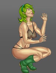 boots female green_eyes headband inikyei kokiri nintendo ocarina_of_time pointy_ears saria see-through solo squatting the_legend_of_zelda