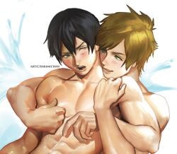 2boys abs blush free! green_eyes hugging_from_behind licking_lips licking_own_lips makoto_tachibana male male_only muscular muscular_male nanase_haruka_(free!) nude nude_male one_eye_closed open_mouth pinching_nipples sakimichan shirtless tachibana_makoto tongue yaoi