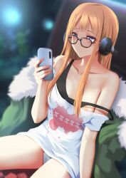 1girls atlus bare_shoulders black_camisole blush cameltoe camisole coat_removed collarbone condom condom_wrapper dutch_angle embarrassed female female_only ginhaha glasses headphones highres light-skinned_female long_hair looking_at_viewer nervous night nipples_visible_through_clothing orange_hair panties persona persona_5 purple_eyes sakura_futaba sitting smartphone solo spread_legs t-shirt wardrobe_malfunction white_panties