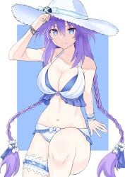 1girls big_breasts bikini breasts cleavage clothed clothing female female_only goddess hat huge_breasts large_breasts mostly_nude neptune_(neptunia) neptunia_(series) power_symbol power_symbol-shaped_pupils purple_eyes purple_hair purple_heart_(neptunia) solo swimsuit swimwear zatsu