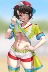 abs blurry_background clothed hat hololive hololive_gen_2 hololive_japan lifting_shirt no_bra oozora_subaru short_hair short_shorts skylock solo_female streetwear tomboy underboob virtual_youtuber