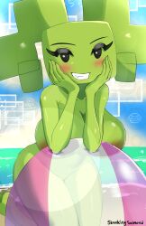 1girls 2d beach beach_ball big_breasts blush breasts completely_nude completely_nude_female digital_drawing_(artwork) digital_media_(artwork) female female_focus female_only green-skinned_female green_body green_breasts green_skin grin hands_on_cheeks mario_(series) mimi_(super_paper_mario) mob_face naked naked_female nude nude_female on_knees paper_mario seductive_look skankingsalmonid smirk solo solo_female super_paper_mario