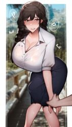 !? 1boy 1futa ass big_breasts big_penis braided_hair breasts brown_hair bulge cleavage clothed clothing ear_piercing embarrassed erection erection_under_clothes fully_clothed futa_focus futanari heavy_breathing hi_res hips huge_breasts huge_cock human knees_together_feet_apart large_ass light-skinned_futanari light_skin long_hair male_pov niwada_(unbeller) oc original original_character penis penis_bulge pov shy side_braid skirt solo_focus tenting thick_thighs thighs unbeller wide_hips