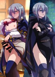 bar_censor belt black_panties blue_eyes blush cape capelet censored crossdressing crossed_arms erection femboy girly grey_hair highres ichino_(ichinon) long_hair looking_at_viewer male male_only multiple_views nipples original otoko_no_ko panties penis picture_(object) skindentation thighhighs trap underwear undressing vambraces