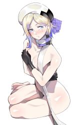 alternate_costume ayakumo beret black_gloves blonde_hair blue_eyes blue_hair breasts completely_nude female gloves gradient_hair hat jean_bart_(kantai_collection) kantai_collection medium_breasts mole mole_under_eye multicolored_hair nude pale_skin scarf short_hair solo white_background white_headwear