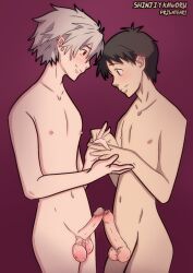 2boys balls blush character_name completely_nude erect_penis erection gay highres kaworu_nagisa male multiple_boys multiple_penises neon_genesis_evangelion nipples nude penis penis_size_difference penises_touching privateart red_eyes shinji_ikari simple_background testicles uncensored yaoi