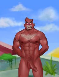 anthro balls bara barazoku beast beawysweet black_nose blush chest_tuft furry gay hands_behind_head kumatetsu male male_only muscles muscular penis red_body red_fur semi-erect solo solo_male the_boy_and_the_beast