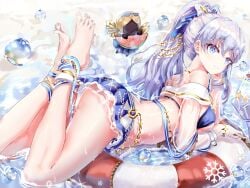 absurdres age_fx anastasia_(fate) anastasia_(swimsuit_archer)_(fate) anastasia_(swimsuit_archer)_(third_ascension)_(fate) anklet ass bangs bare_shoulders barefoot bikini blue_eyes blush breasts closed_mouth fate/grand_order fate_(series) feet feet_up female full_body hair_between_eyes hair_ornament highres jewelry large_breasts long_hair looking_at_viewer lying on_stomach ponytail silver_hair smile solo swimsuit viy_(fate) water