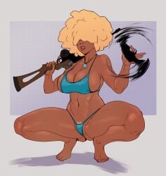 1girls afro big_breasts black_female blonde_hair bodysuit bubble_butt busty clothed clothing cowgirl_(western) dark-skinned_female dark_skin earrings eyes_covered facial_scar female female_focus firearm foolymagooly full_body full_lips gun hair_covering_eyes hair_over_eyes handgun hourglass_figure human izra large_breasts muscular_female necklace neckwear nose_piercing oc pubic_hair rifle sci-fi solo_female squatting swimwear tagme thick_lips underwear venus_valentine weapon weapon_over_shoulder wide_hips