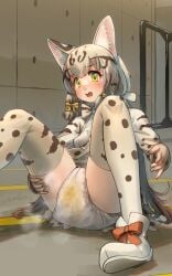 1girls black_socks blush corpsmanwelt diaper female female_only geoffroy's_cat_(kemono_friends) kemono_friends long_hair looking_at_viewer pattern_socks peeing sitting socks solo thigh_socks thighhighs wet_diaper white_socks yellow_eyes