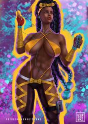 1girls abs aged_up alternate_version_available big_breasts black_hair braided_hair braids capcom dark-skinned_female dark_skin female female_only fingerless_gloves kimberly_jackson older solo street_fighter street_fighter_6 thong yanartdraws