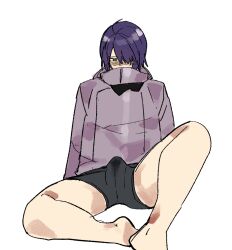 alternate_costume blush bulge embarrassed erection erection_under_clothes gintama hair_over_one_eye hisagi_(hria_h) jacket looking_away male male_only precum_through_clothing purple_hair shy sitting solo spread_legs takasugi_shinsuke tenting twink underwear