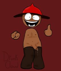 1boy blush dark_skin dave_and_bambi_mod digital_media_(artwork) erection expunged_(rapparep) floating_hands hat looking_at_viewer male male_only middle_finger partially_clothed penis precum precum_drip red_background smile solo solo_male standing thighhighs white_eyes