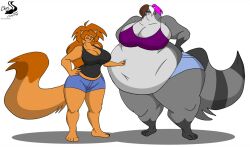 anthro big_breasts breasts chrisandcompany clothed clothing daryl_vecat domestic_cat duo felid feline felis female furry hair huge_breasts letterbox mammal morbidly_obese morbidly_obese_female obese obese_female overweight overweight_female procyonid raccoon size_difference small_head thick_neck