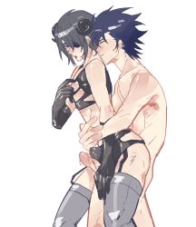 2boys alternate_costume androgynous black_gloves black_hair blue_hair bulge clothed_male_nude_male crop_top dark_hair demon_boy demon_horns erection erection_under_clothes eye_patch from_behind garter_straps gay gintama gloves hisagi_(hria_h) horns hug hugging_from_behind incubus kawakami_bansai male male_only nude_male penis skimpy_clothes skin_tight stockings sumata takasugi_shinsuke thigh_sex thighhighs twink uncensored yaoi