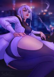 ass big_butt cd_projekt_red cigarette city_background clothed clothing cyberpunk:_edgerunners cyberpunk_2077 futuristic looking_at_viewer lucyna_kushinada netflix red_lipstick smoke smoking snaexist sorbae studio_trigger tagme white_hair