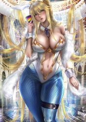 1girls artoria_pendragon artoria_pendragon_(fate) artoria_pendragon_(swimsuit_ruler) big_breasts breasts bunny_ears busty card cleavage clothing completely_nude completely_nude_female cowboy_shot crown curvaceous curvy_female detached_collar donyta fate/grand_order fate_(series) solo