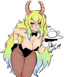 big_breasts bunnysuit cuffs_(clothing) dragon_girl dragon_horns dragon_maid female gloves gloves_cutoffs horns kobayashi-san_chi_no_maidragon leotard long_hair lucoa maid mantislord miss_kobayashi's_dragon_maid pantyhose quetzalcoatl_(dragon_maid) serving_food serving_tray smirk smirking_at_viewer thigh_gap thighs tights