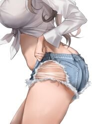 1girls adjusting_clothes alternate_costume ass ass_cleavage ass_focus black_hair blue_shorts breasts butt_crack cutoffs denim denim_shorts female front-tie_top kantai_collection large_breasts long_hair long_sleeves lower_body nagato_(kantai_collection) shirt short_shorts shorts simple_background solo thighs torn_clothes torn_shorts tororo_ten white_background white_shirt