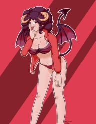 1girls ass bra breasts cartoony chefpyro demily demon_girl demon_tail eyebrows female female_only fluffy_hair forked_tail horns indie_virtual_youtuber mismatchedmimic panties purple_hair red_eyes solo tongue tongue_out virtual_youtuber wings