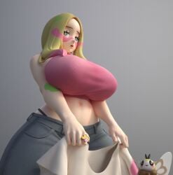 1girls 3d 3d_model big_breasts blonde_hair breasts curvaceous curvy curvy_figure eyelashes female gray_eyes half-closed_eyes huge_breasts jeans low-angle_view matsurika_(pokemon) midriff mina_(pokemon) navel nintendo paint plump pokemon pokemon_sm render ribombee ring shirt_off tagme tank_top trial_captain undressing usukeninja