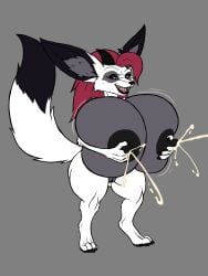 anthro big_breasts black_body black_fur black_nipples black_pussy bodily_fluids breasts canid canine claws dipstick_tail female fennec fluffy fluffy_tail fox fur genitals grey_body grey_fur hair hi_res horn huge_breasts hyper hyper_breasts inner_ear_fluff karnator karnator_(artist) lactating mammal markings multicolored_body multicolored_fur nipples nude open_mouth pink_tongue purple_eyes pussy red_hair short_stack shortstack smile solo tail_markings tongue tuft white_body white_fur