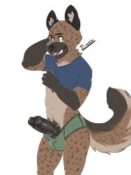 2020s 2023 3:4 absurd_res aggressive_retsuko anthro artist_name bastionshadowpaw black_ears black_eyebrows black_foreskin black_glans black_penis blue_clothing blue_shirt blue_topwear brown_body brown_fur brown_tail bulge clothed clothing clothing_lift eyebrows foreskin fur genitals glans green_clothing green_underwear haida hi_res hyena male male_only mammal open_mouth partially_clothed partially_retracted_foreskin penis pubes pupils sanrio shirt shirt_lift smooth_fur solo tail teeth tongue topwear underwear