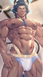 1boy abs askr_(fire_emblem) blue_hair dark-skinned_male dark_skin earrings fire_emblem fire_emblem_heroes firenzesaika horns male male_only male_pubic_hair muscular muscular_male nintendo pointy_ears pubic_hair short_hair solo tail