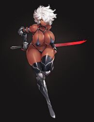 bikini bikini_armor breasts choker dark-skinned_female dark_elf dark_skin gurimjang hair_over_one_eye huge_breasts navel nipple_bulge original plump pointy_ears silver_hair sword thick_thighs thighhighs weapon wide_hips yellow_eyes