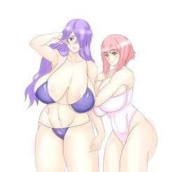 2girls alternate_costume bare_thighs breast_press breasts camilla_(fire_emblem) curvy female female_only fire_emblem fire_emblem_fates hair_over_one_eye huge_breasts kamui_(artist) long_hair looking_at_viewer multiple_girls nintendo one-piece_swimsuit pink_one-piece_swimsuit pink_swimsuit purple_bikini purple_eyes purple_hair purple_swimsuit sakura_(fire_emblem) smile swimsuit thick_thighs thighs voluptuous yellow_eyes yuri