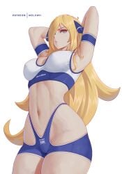 1girls arms_up blonde_hair breasts cynthia_(pokemon) female game_freak hi_res hips huge_breasts light-skinned_female light_skin long_hair melowh nintendo pokemon pokemon_dppt revealing_clothes slim_waist t-back_spats thick_thighs thighs wide_hips