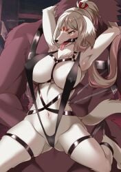 anthro blush breasts canid canine canis clothed clothing domestic_dog duo female fur genitals hair helga_(world_flipper) mammal nipples pussy ruri_tsubame tongue tongue_out video_games white_body white_fur white_hair world_flipper