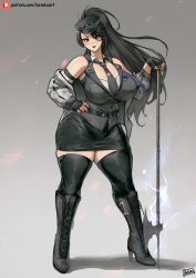 batako black_fingernails black_hair black_nail_polish black_nails boots cosplay dark_hair fingerless_gloves goth goth_girl gothic halberd hat heel_boots heels high_heels large_breasts miniskirt pale-skinned_female pale_skin ponytail raven-1_(sloppyoptics) thick_ass thick_thighs tie