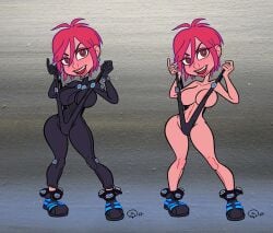 big_breasts bodysuit boots breast_squish brown_eyes cartoony cleavage female female_only full_body gantz gantz_suit gantzcraziness hourglass_figure kei_kishimoto latex_suit looking_at_viewer nipple_bulge open_mouth pink_hair short_hair skin_tight solo standing suspenders thick_thighs thin_waist tight_clothing wide_hips