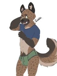 2020s 2023 3:4 absurd_res aggressive_retsuko anthro artist_name bastionshadowpaw black_ears black_eyebrows blue_clothing blue_shirt blue_topwear brown_body brown_fur brown_tail bulge clothed clothing clothing_lift eyebrows fur green_clothing green_underwear haida hi_res hyena male male_only mammal open_mouth partially_clothed pubes pupils sanrio shirt shirt_lift smooth_fur solo tail teeth tongue topwear underwear