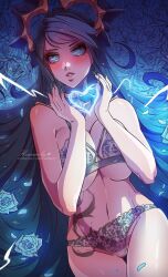 1girls alternate_version_available big_breasts blue_eyes blue_hair breast_squish breasts cute death_sworn_series evelynn female female_only heart himmely league_of_legends light-skinned_female light_skin navel shadow_evelynn succubus thick_thighs