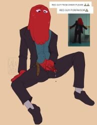 calazotauvu don't_hug_me_i'm_scared dripping dripping_precum male_only masturbation red_guy_(dhmis) suit suit_and_tie zipper_down