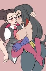 athletic athletic_female belt black_hair blush brown_hair clothed_female_nude_female fortunia_(pokémon) frontier_brain gym_leader hair_grab half-closed_eyes half-dressed half_naked kissing lesbian_kiss lewddragon5 lifting lifting_person looking_at_another looking_pleasured lucy_(pokemon) nipples pokemon pokemon_oras pokemon_rse red_eyes roxanne_(pokemon) thick_thighs tongue_kiss topless twintails two_tone_hair yuri